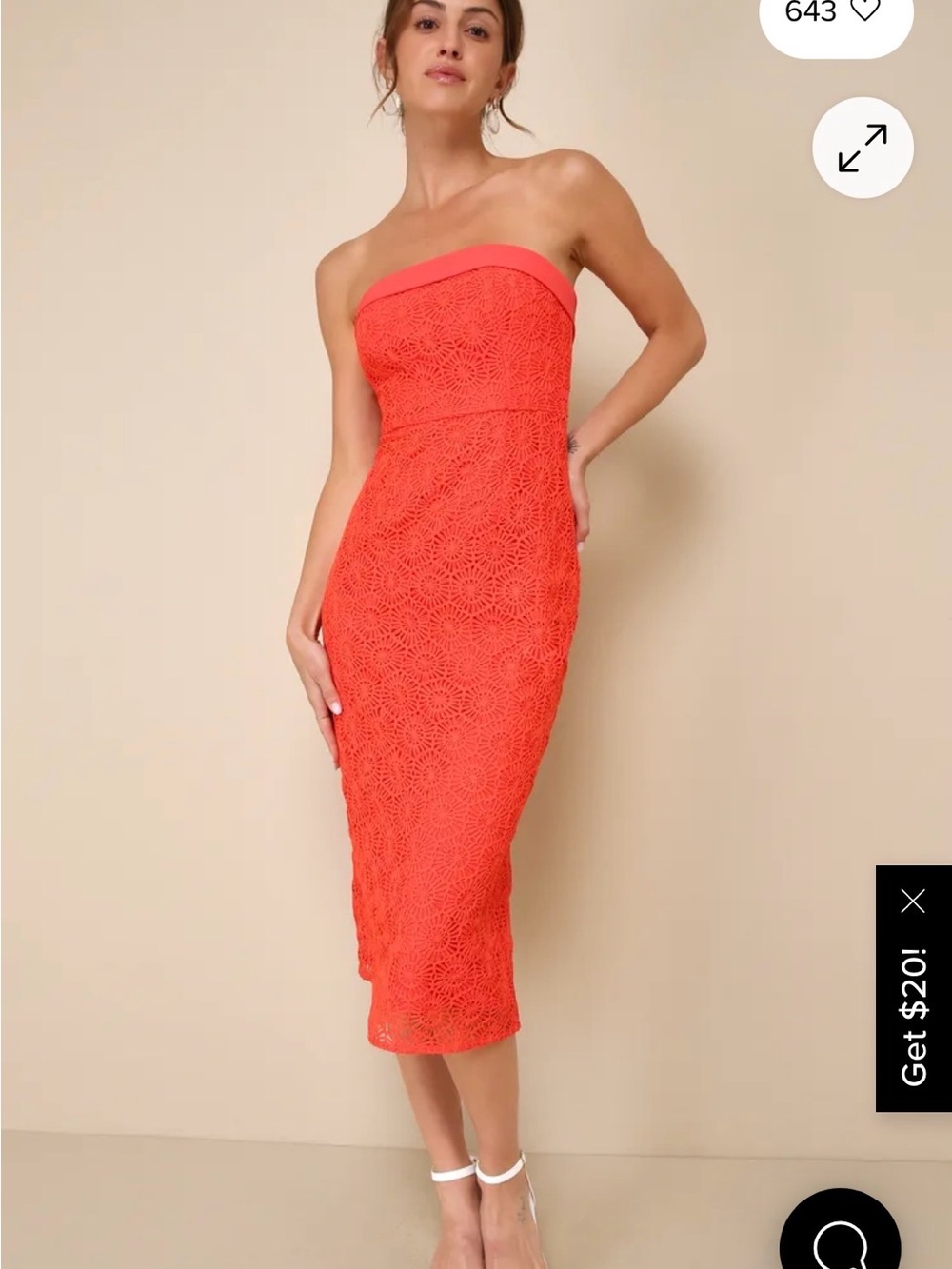 Lulu’s Chic Intent Bright Red Crochet boho Textured Strapless guest Midi Dress